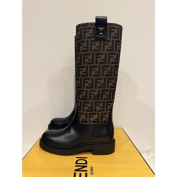 Fendi Filo FF Logo Zucca Monogram Jacquard Rockoko Chenille Knee High Boot - Picture 7 of 16